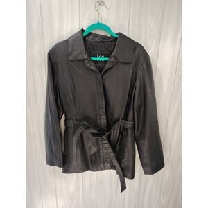 Women's KC Collections Black Leather Coat Jacket Size L Mob Wife Night Out Warm